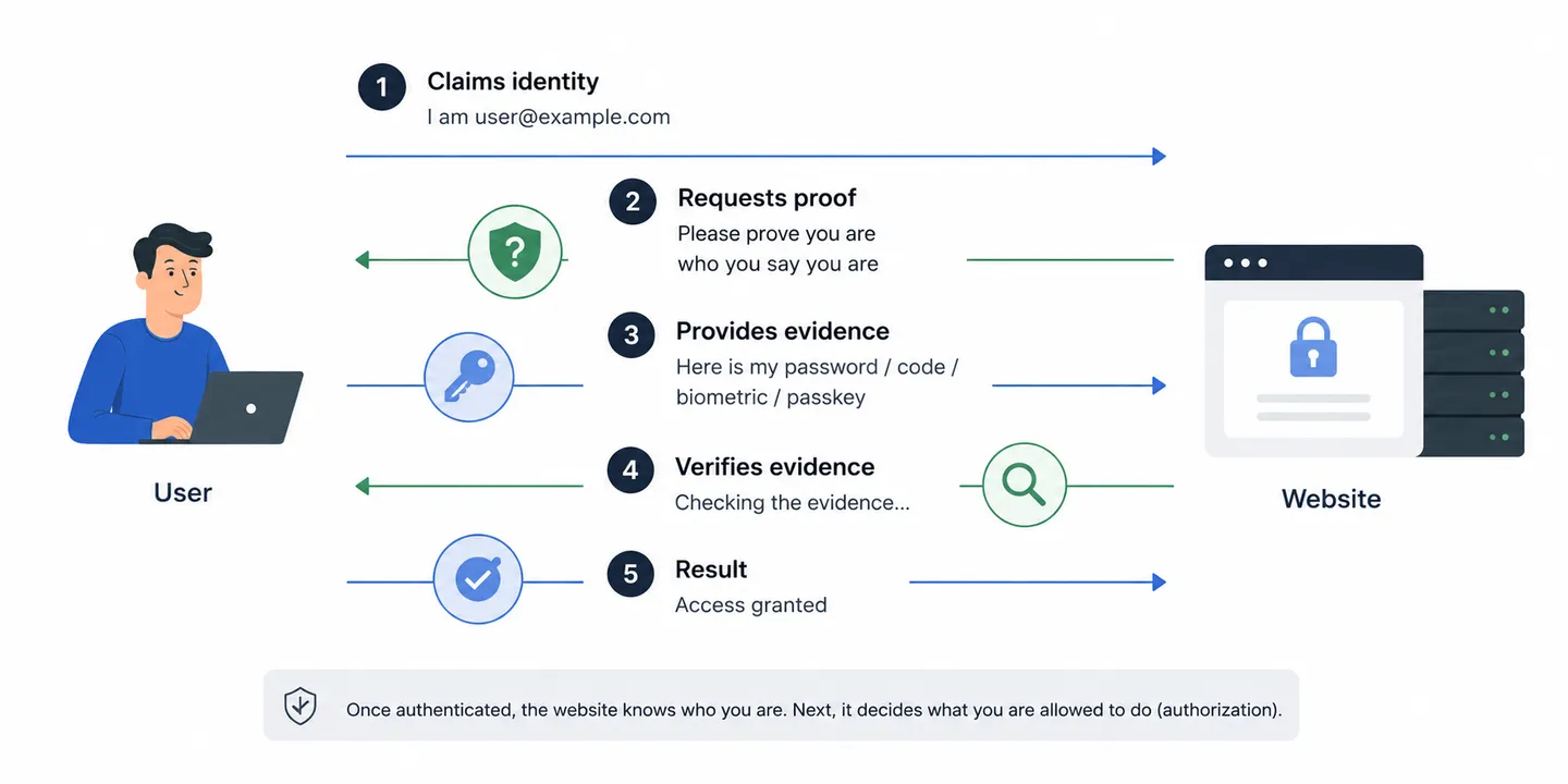The authentication flow between a user and a website: the user claims an identity, the website asks them to prove it, the user provides evidence such as a password or passkey, the website verifies the evidence, and access is granted.