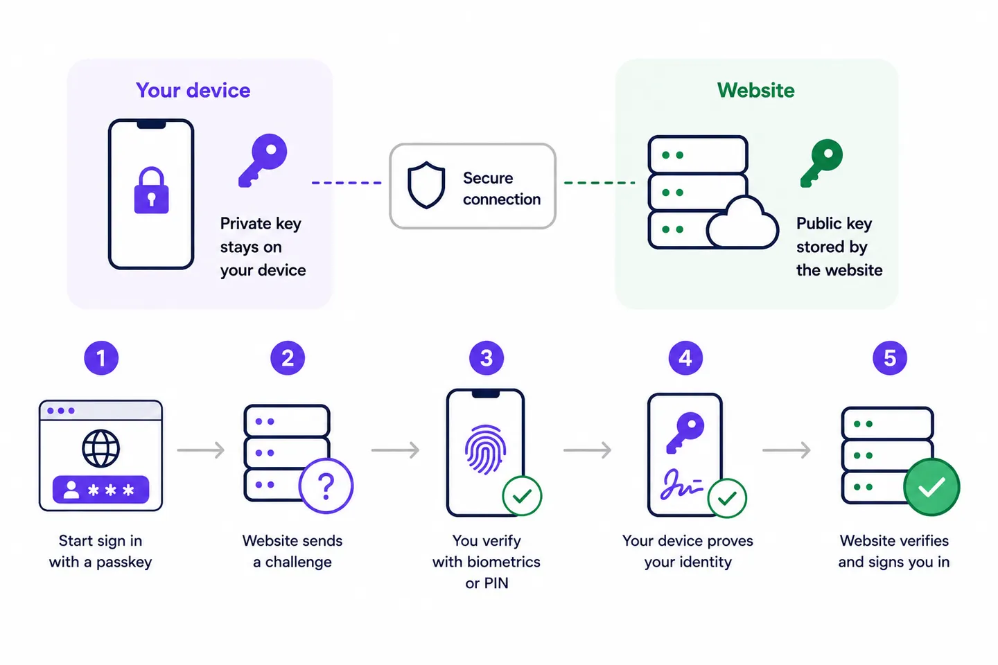 Passkey authentication flow: the private key stays on your device while the website stores the public key. Signing in sends a challenge, you approve it with your fingerprint or PIN, and your device uses its key to prove your identity so the website signs you in.