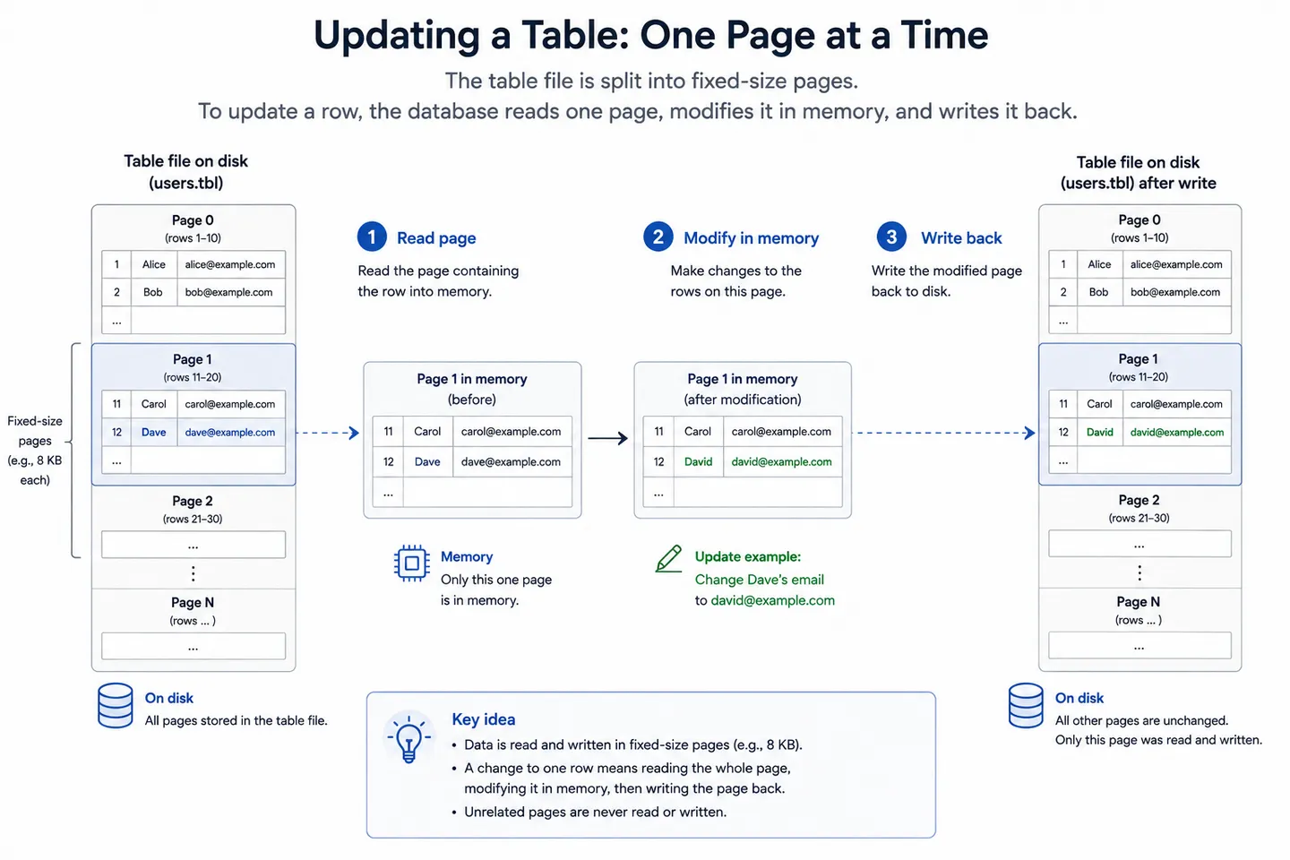 A table file divided into fixed size pages with rows packed inside each one, showing a single page being read into memory, modified and written back while the rest of the file is untouched.