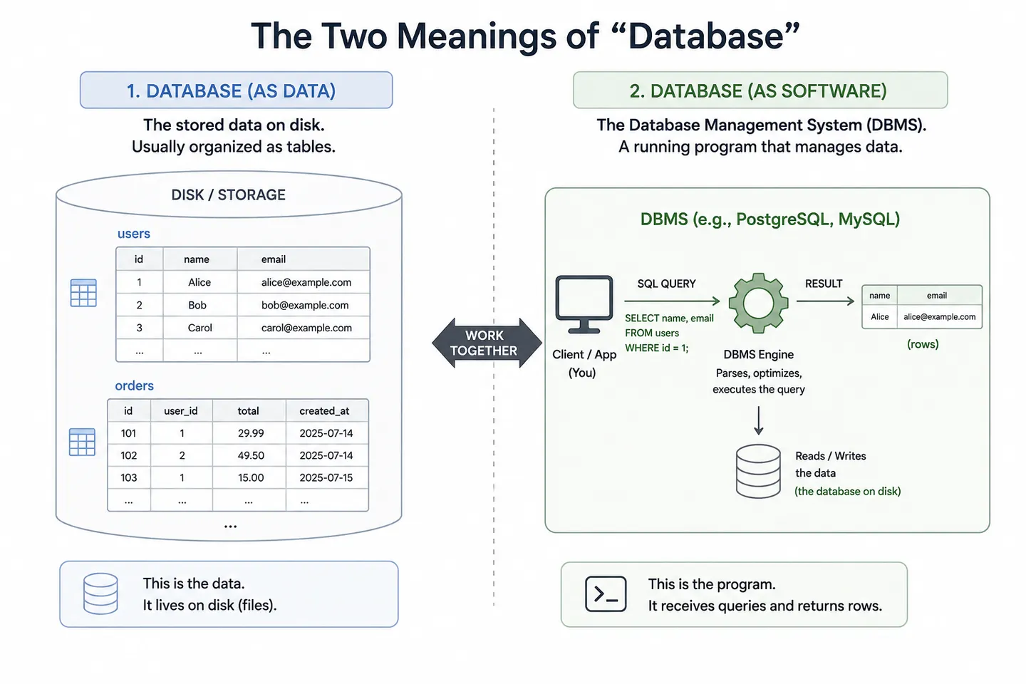 A diagram separating the two meanings of the word database, with stored data on one side as tables on disk, and the database management system on the other side as a running program that receives queries and returns rows.