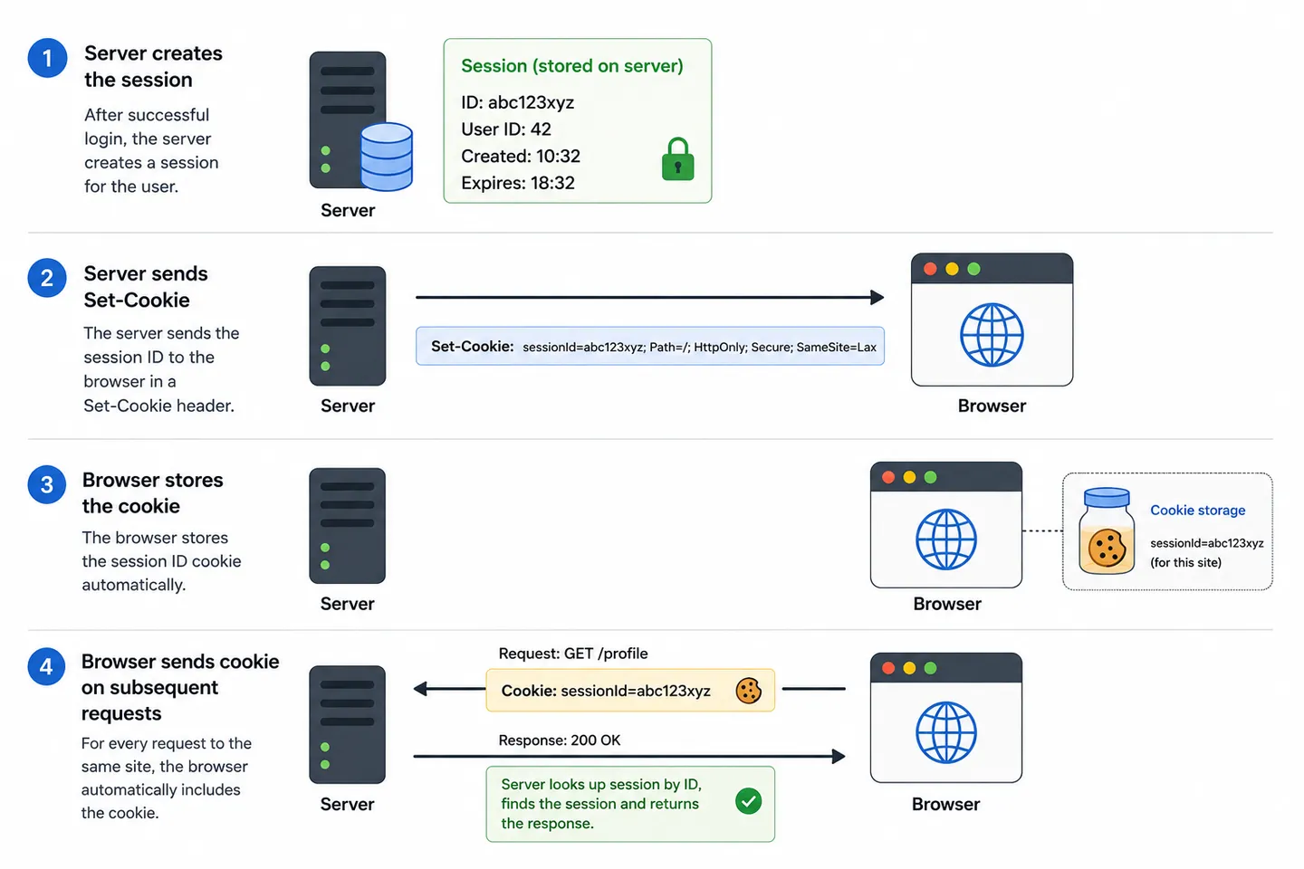 Diagram showing how a website keeps a user logged in using sessions and cookies. The server creates a session, sends a session ID in a Set-Cookie header, the browser stores it, and automatically includes it with future requests.