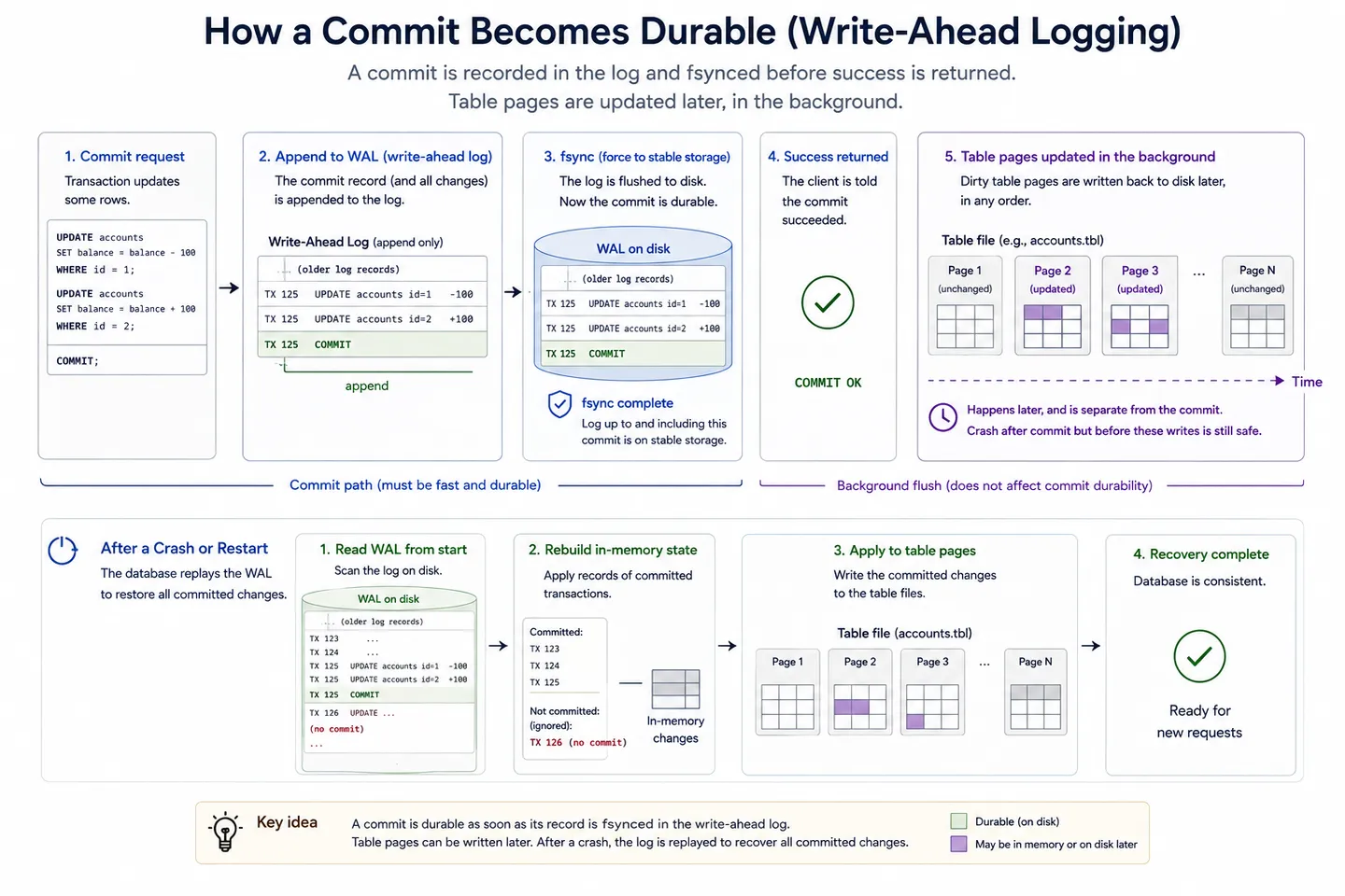 A commit appending to the write-ahead log and being confirmed by fsync before success is returned, with table pages updated separately in the background, and a restart arrow replaying the log to recover committed changes.